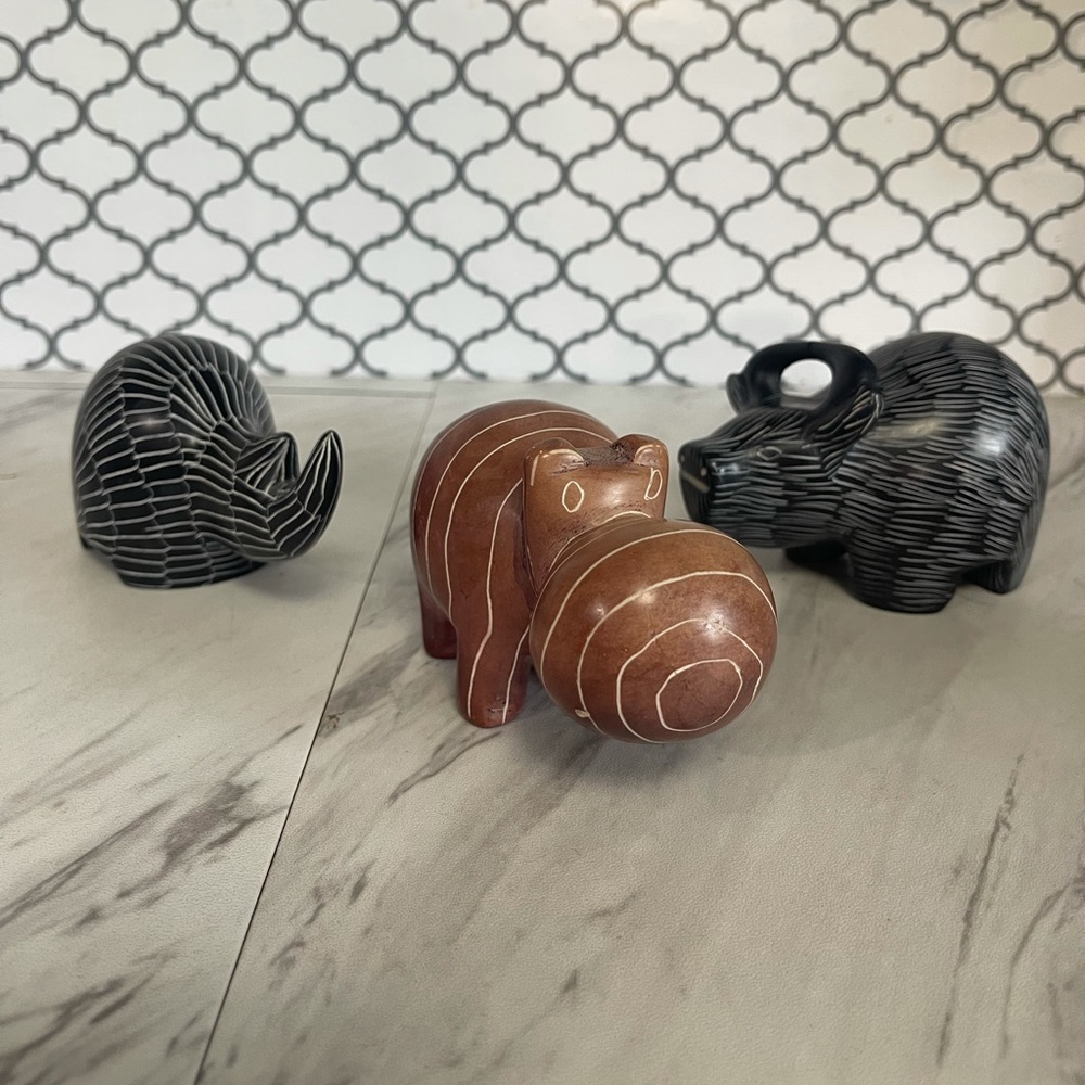 Set of 3 soap stones. Hippo Rhino Bull. Decor